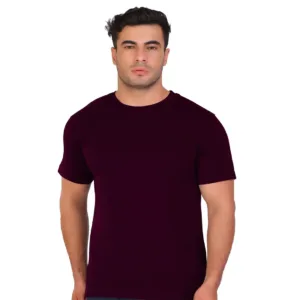 Man wearing a plain maroon crew-neck short-sleeve cotton T-shirt on white background - 1