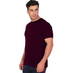 Man wearing a plain maroon crew-neck short-sleeve cotton T-shirt on white background - 2