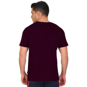 Man wearing a plain maroon crew-neck short-sleeve cotton T-shirt on white background - 3