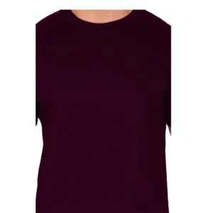 Man wearing a plain maroon crew-neck short-sleeve cotton T-shirt on white background - 3