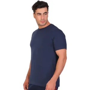Side view of a man wearing a navy blue polyester half-sleeve round-neck athletic T-shirt