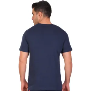 Back view of a man wearing a navy blue polyester half-sleeve round-neck athletic T-shirt