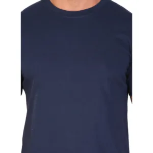 Close up view of a man wearing a navy blue polyester half-sleeve round-neck athletic T-shirt